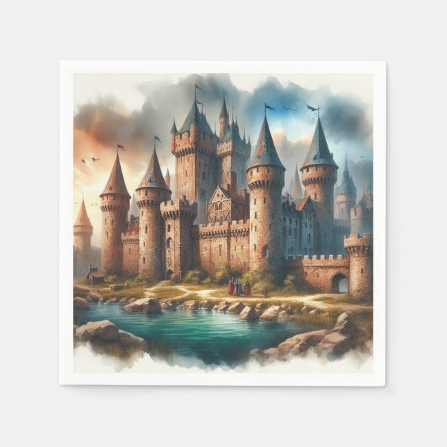 Mediaeval Castle by a Tranquil River at Sunset Napkin (Front)