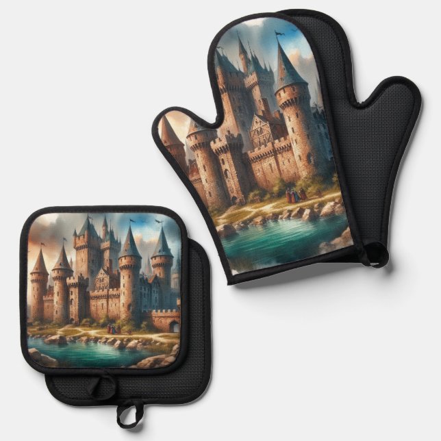 Mediaeval Castle by a Tranquil River at Sunset Oven Mitt & Pot Holder Set (Front/Back)