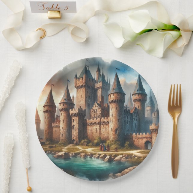 Mediaeval Castle by a Tranquil River at Sunset Paper Plate (Wedding)