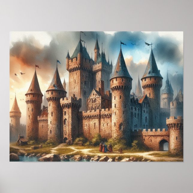 Mediaeval Castle by a Tranquil River at Sunset Poster (Front)