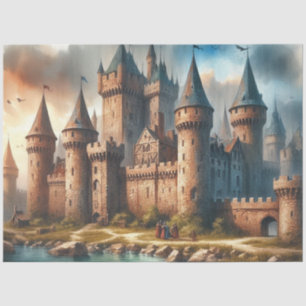 Mediaeval Castle by a Tranquil River at Sunset Tissue Paper