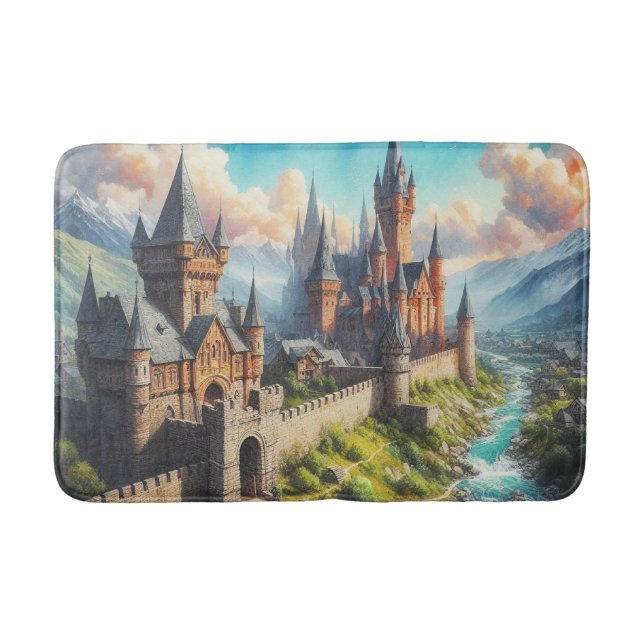 Mediaeval Castle in a Mountain Valley Landscape Bath Mat (Front)