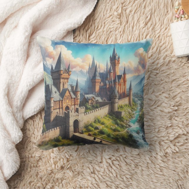 Mediaeval Castle in a Mountain Valley Landscape Cushion (Blanket)