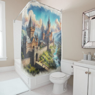 Mediaeval Castle in a Mountain Valley Landscape Shower Curtain