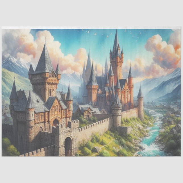 Mediaeval Castle in a Mountain Valley Landscape Tissue Paper (Front)