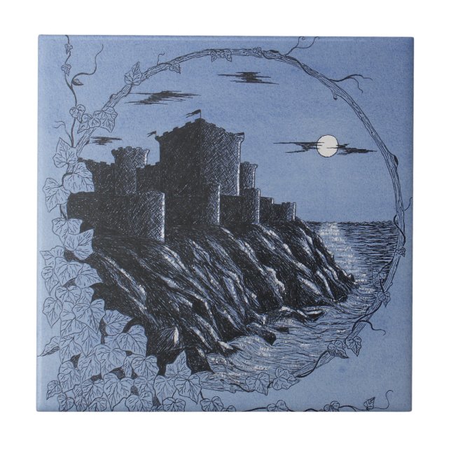 Mediaeval Castle In Blue Ceramic Tile (Front)