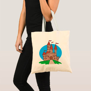 Mediaeval Castle on Hill with Red Flags Tote Bag