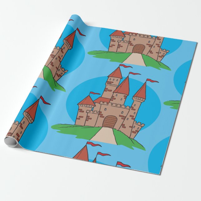 Mediaeval Castle on Hill with Red Flags Wrapping Paper (Unrolled)