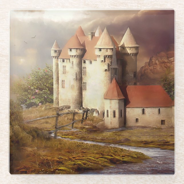 Mediaeval Castle River Run Glass Coaster (Front)