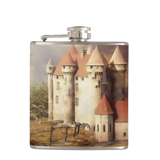 Mediaeval Castle River Run Hip Flask (Front)