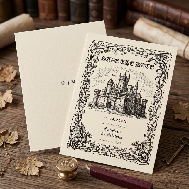 Mediaeval Castle Sepia Illustration Wedding Save The Date (Creator Uploaded)