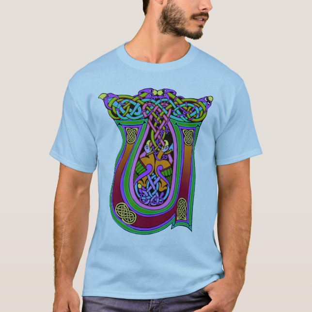 Mediaeval Celtic Monogram "U", Art Knots Design T-Shirt (Front)