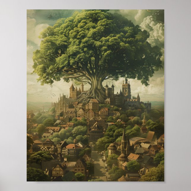Mediaeval City With Giant Tree Poster (Front)