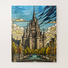 Mediaeval Cityscape over Canal Stained Glass Illus
