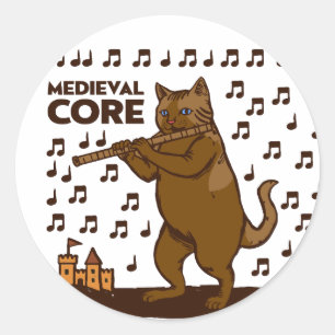 Mediaeval Core Funny Cat Playing Flute Art Classic Round Sticker