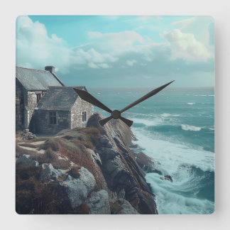 Mediaeval Cottage on a Cliff Square Wall Clock
