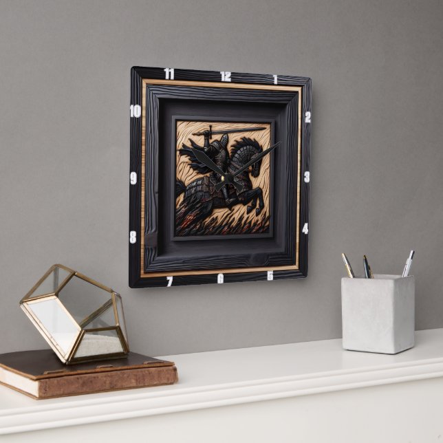 Mediaeval Creation: Hue Steed Wood Art  Square Wall Clock (Office)