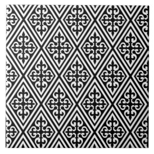 Mediaeval Cross Damask - Black and White Ceramic Tile