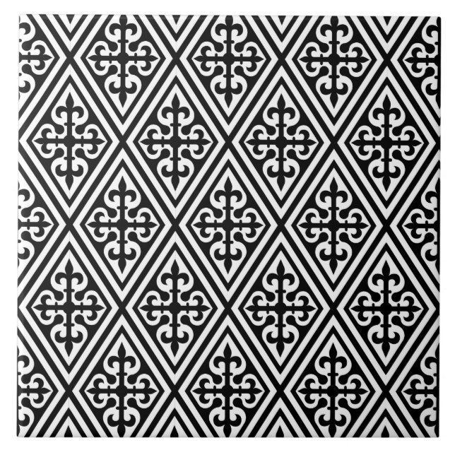 Mediaeval Cross Damask - Black and White Ceramic Tile (Front)