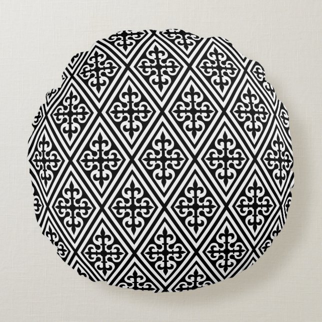 Mediaeval Cross Damask - Black and White Round Cushion (Front)