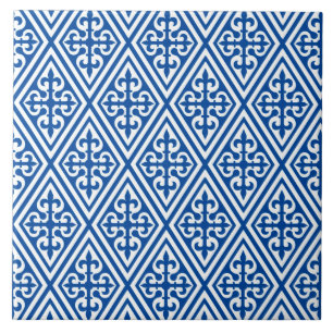 Mediaeval Cross Damask - Cobalt Blue and White Ceramic Tile