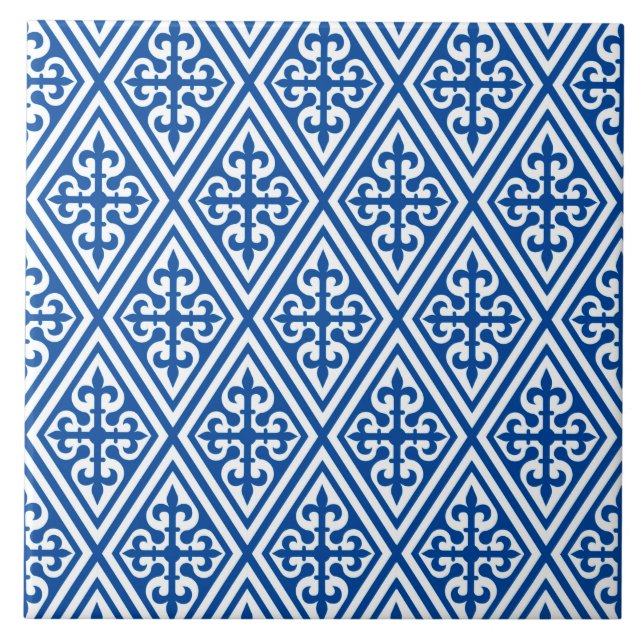 Mediaeval Cross Damask - Cobalt Blue and White Ceramic Tile (Front)