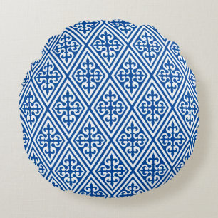 Mediaeval Cross Damask - Cobalt Blue and White Round Cushion