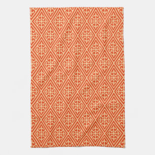 Mediaeval Cross Damask - Coral Orange and Peach Tea Towel