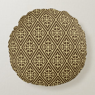 Mediaeval Cross Damask - Dark Brown and Tan Round Cushion