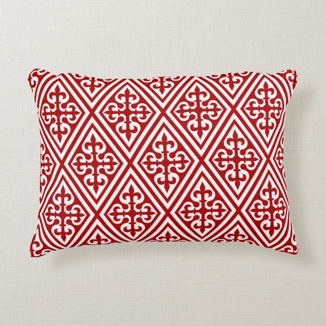 Mediaeval Cross Damask - Deep Red and White Decorative Cushion (Front)