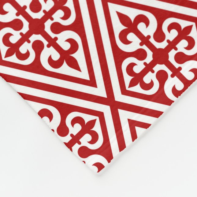 Mediaeval Cross Damask - Deep Red and White Fleece Blanket (Corner)