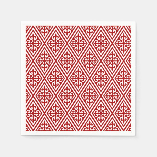 Mediaeval Cross Damask - Deep Red and White Napkin (Front)
