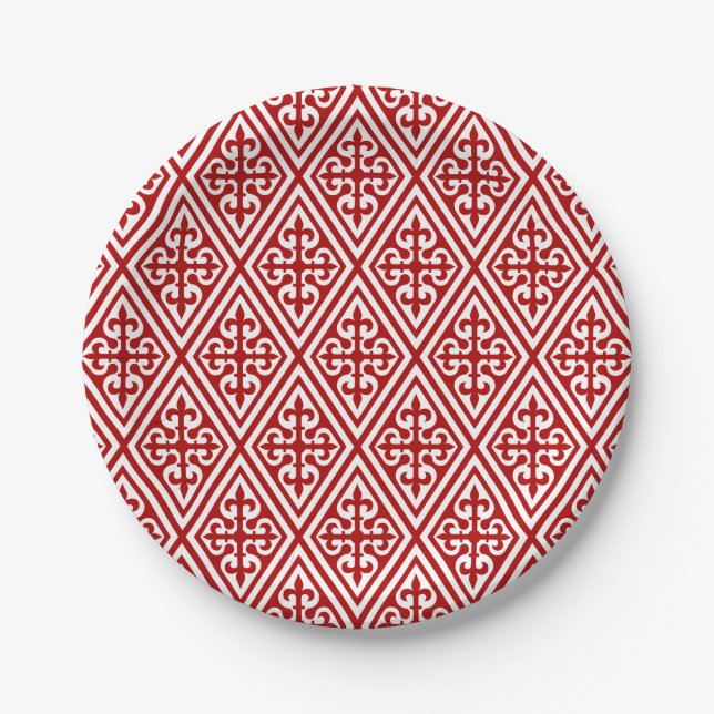 Mediaeval Cross Damask - Deep Red and White Paper Plate (Front)