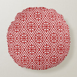 Mediaeval Cross Damask - Deep Red and White Round Cushion