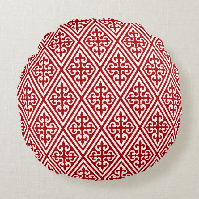Mediaeval Cross Damask - Deep Red and White Round Cushion (Front)