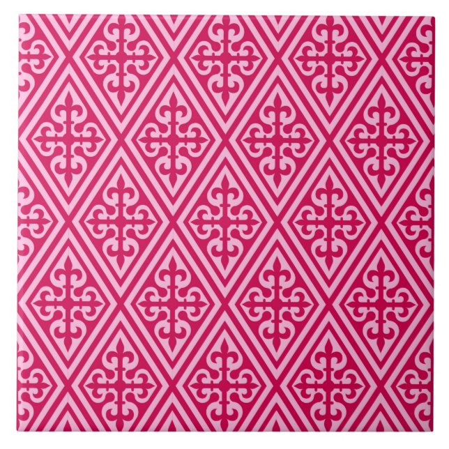 Mediaeval Cross Damask - Fuchsia Pink Ceramic Tile (Front)