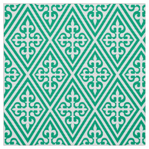 Mediaeval Cross Damask - Turquoise and White Fabric