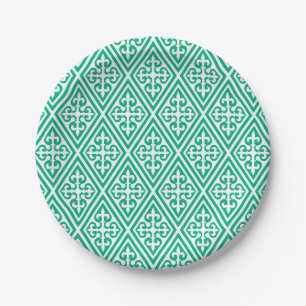 Mediaeval Cross Damask - Turquoise and White Paper Plate