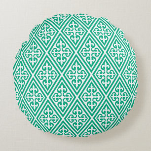 Mediaeval Cross Damask - Turquoise and White Round Cushion