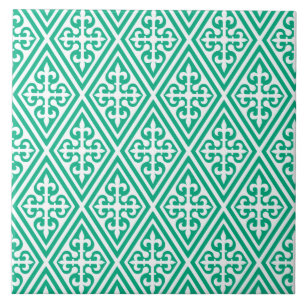 Mediaeval Cross Damask - Turquoise and White Tile