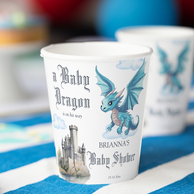Mediaeval cute baby dragon baby shower monogrammed paper cups (Medieval cute baby dragon baby shower monogrammed paper cups personalized dragon table decor)