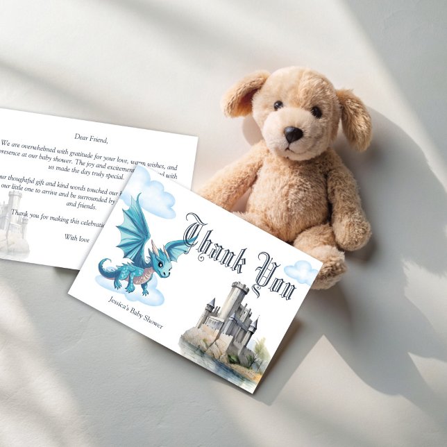 Mediaeval cute blue baby dragon baby shower thank you card (Medieval cute blue baby dragon baby shower thank you cards fantasy dragon thank you cards)