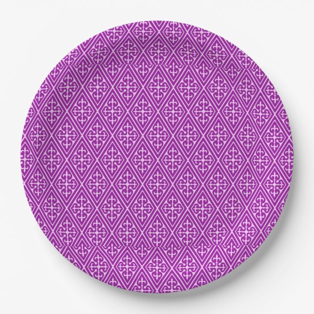 Mediaeval Damask Diamonds, amethyst purple Paper Plate (Front)