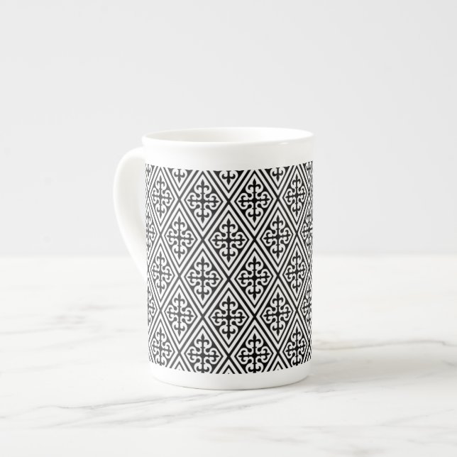 Mediaeval Damask Diamonds, black and white Bone China Mug (Front Left)