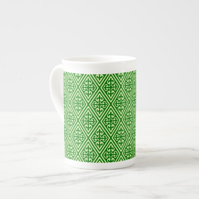 Mediaeval Damask Diamonds, dark pine green Bone China Mug (Front Left)