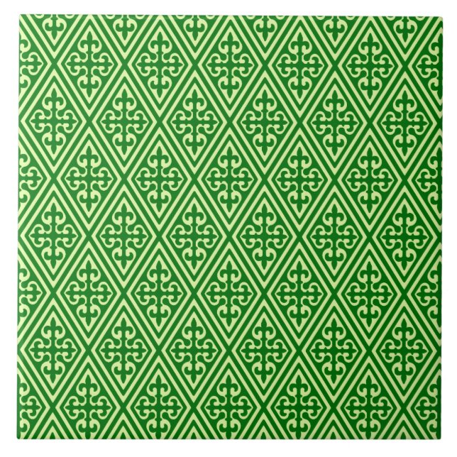 Mediaeval Damask Diamonds, dark pine green Ceramic Tile (Front)