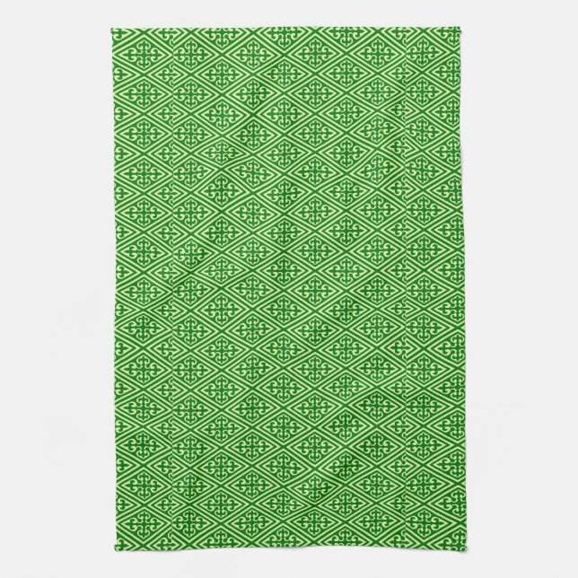 Mediaeval Damask Diamonds, dark pine green Tea Towel (Vertical)