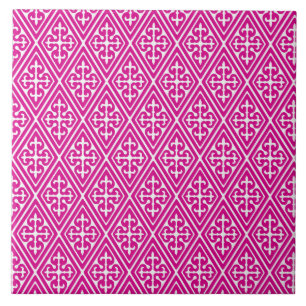 Mediaeval Damask Diamonds, magenta and white Tile