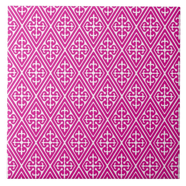 Mediaeval Damask Diamonds, magenta and white Tile (Front)
