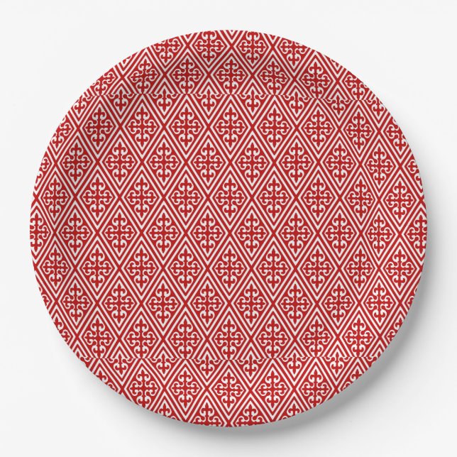 Mediaeval Damask Diamonds, red and white Paper Plate (Front)